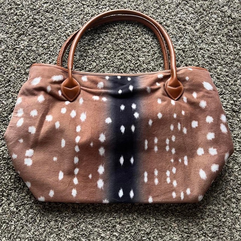 Fawn Print Spotted Tote Bag Brown Faux Suede Deer Pattern Shoulder Bag